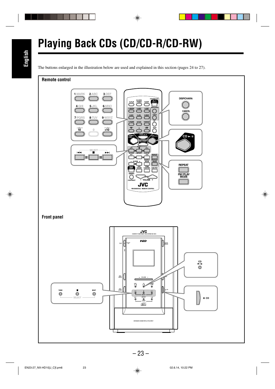 Playing back cds (cd/cd-r/cd-rw), English, Front panel | Remote control | JVC NX-HD10 User Manual | Page 26 / 84
