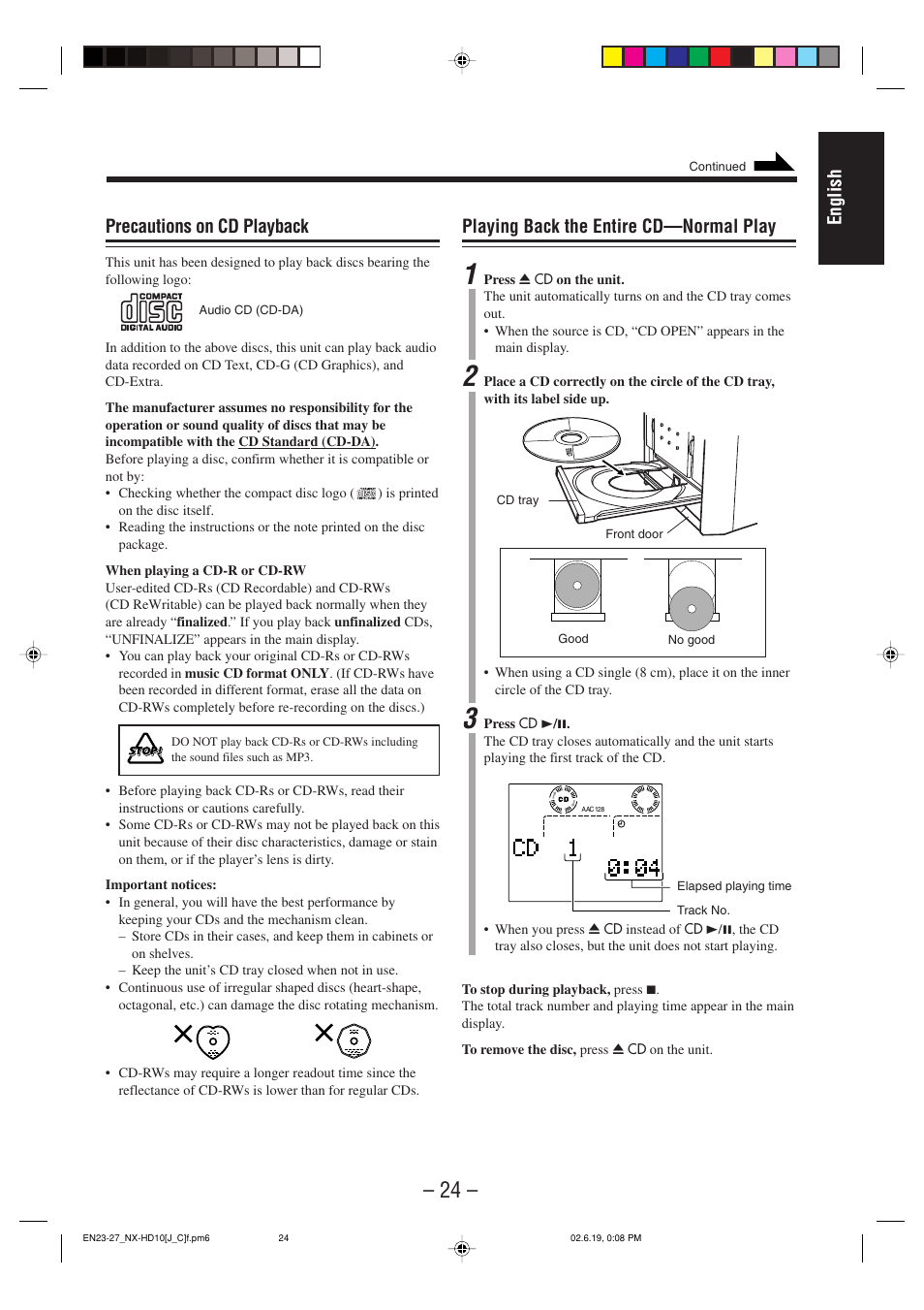 English playing back the entire cd—normal play, Precautions on cd playback | JVC NX-HD10 User Manual | Page 27 / 84