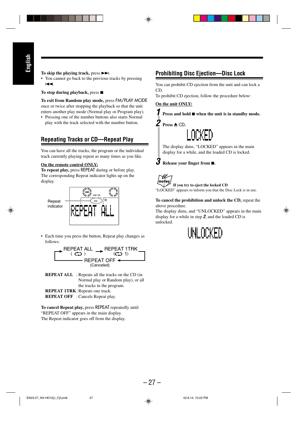 English, Repeating tracks or cd—repeat play, Prohibiting disc ejection—disc lock | JVC NX-HD10 User Manual | Page 30 / 84