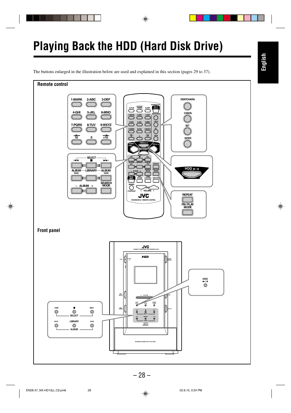 Playing back the hdd (hard disk drive), English, Front panel | Remote control | JVC NX-HD10 User Manual | Page 31 / 84