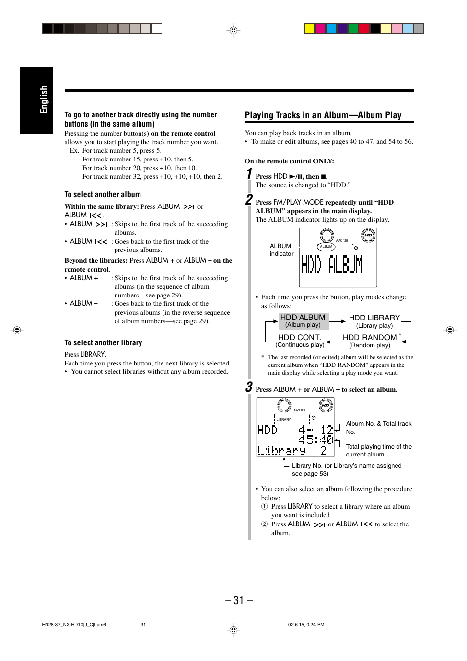English, Playing tracks in an album—album play | JVC NX-HD10 User Manual | Page 34 / 84