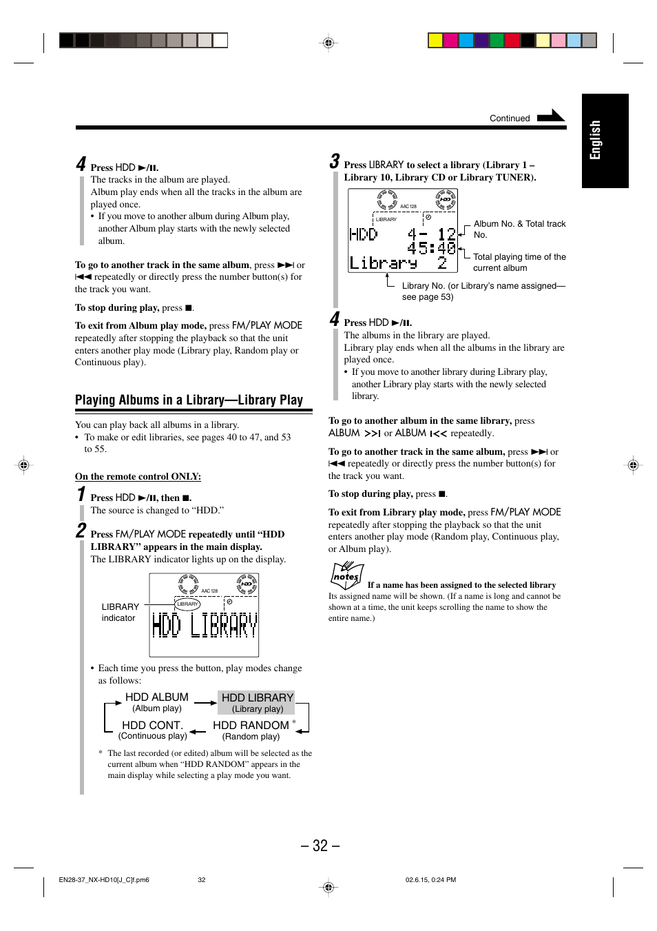 English, Playing albums in a library—library play | JVC NX-HD10 User Manual | Page 35 / 84
