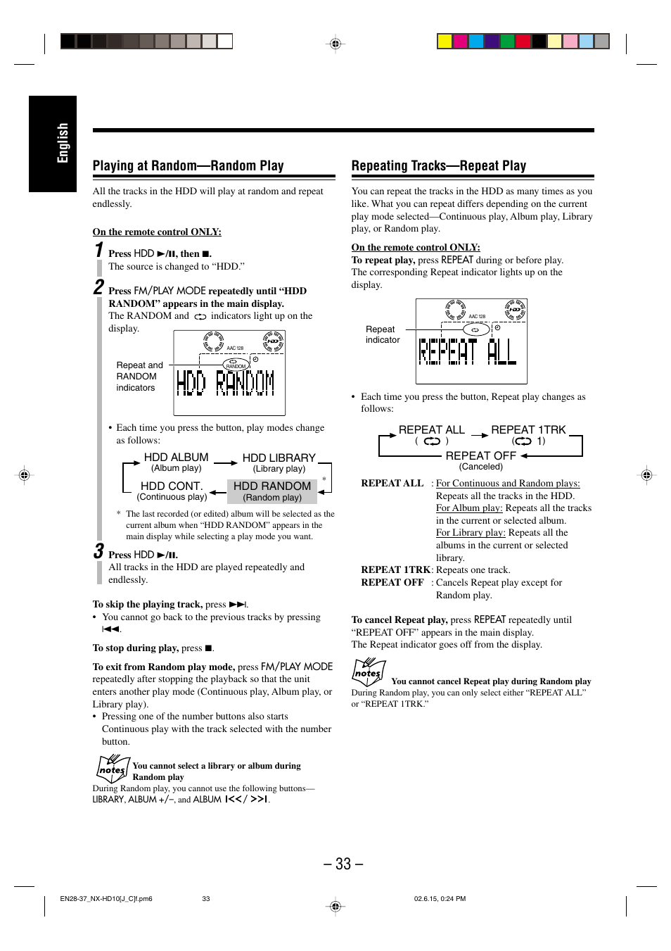 English playing at random—random play, Repeating tracks—repeat play | JVC NX-HD10 User Manual | Page 36 / 84