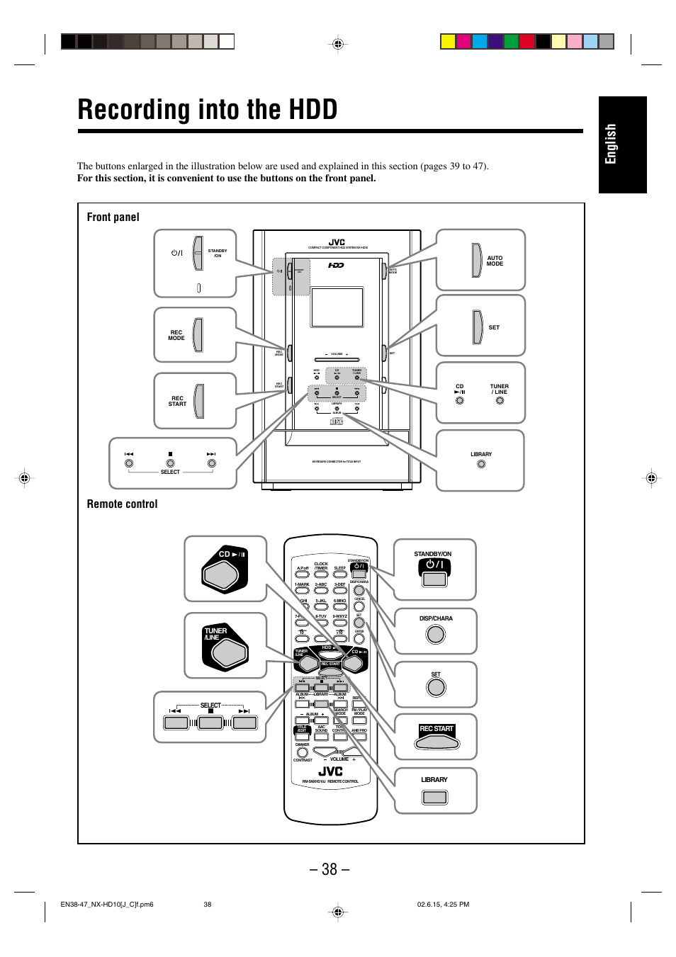 Recording into the hdd, English, Remote control front panel | Tuner, Rec start | JVC NX-HD10 User Manual | Page 41 / 84