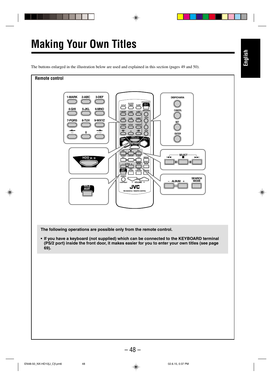 Making your own titles, English, Remote control | JVC NX-HD10 User Manual | Page 51 / 84