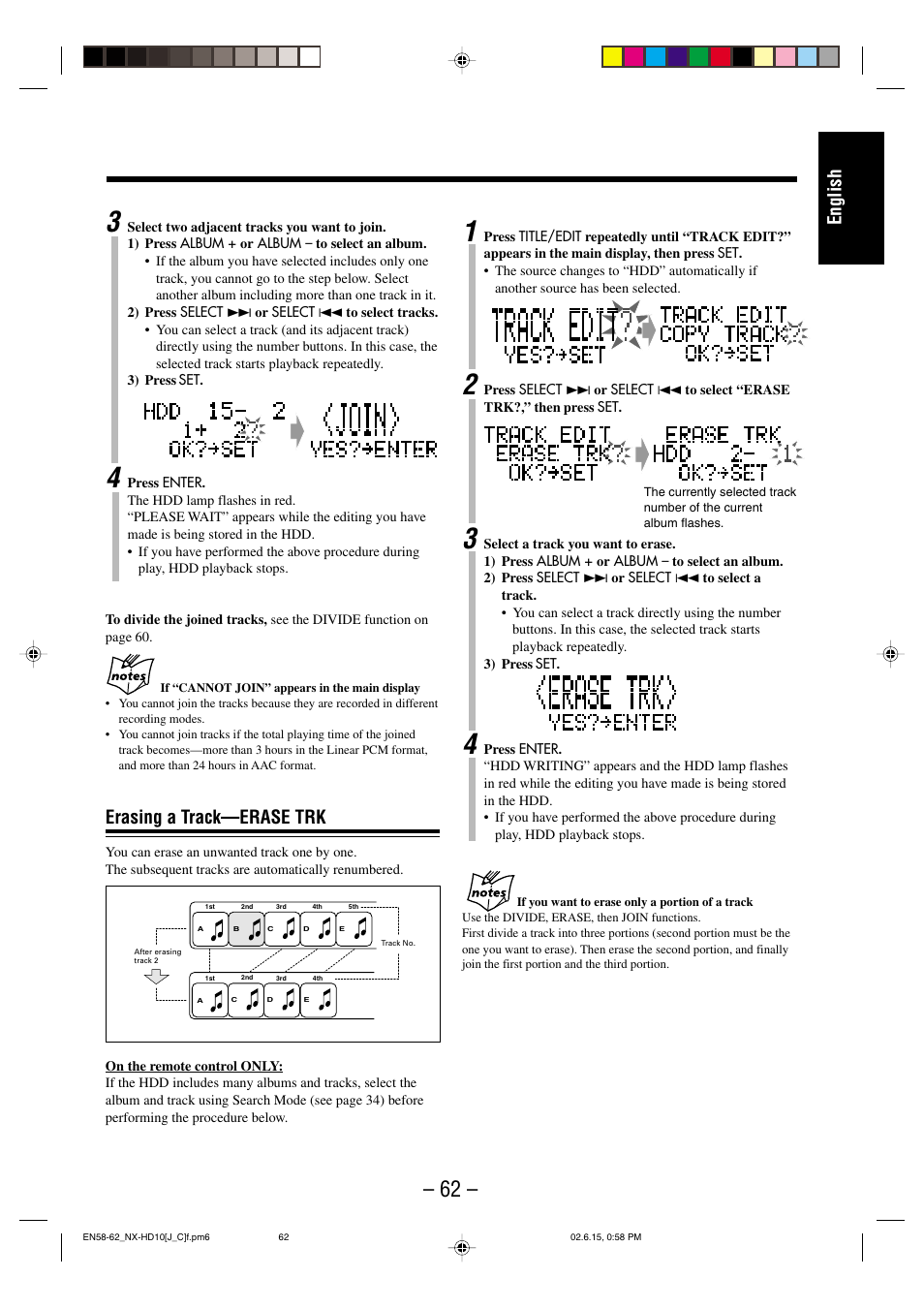 English, Erasing a track—erase trk | JVC NX-HD10 User Manual | Page 65 / 84