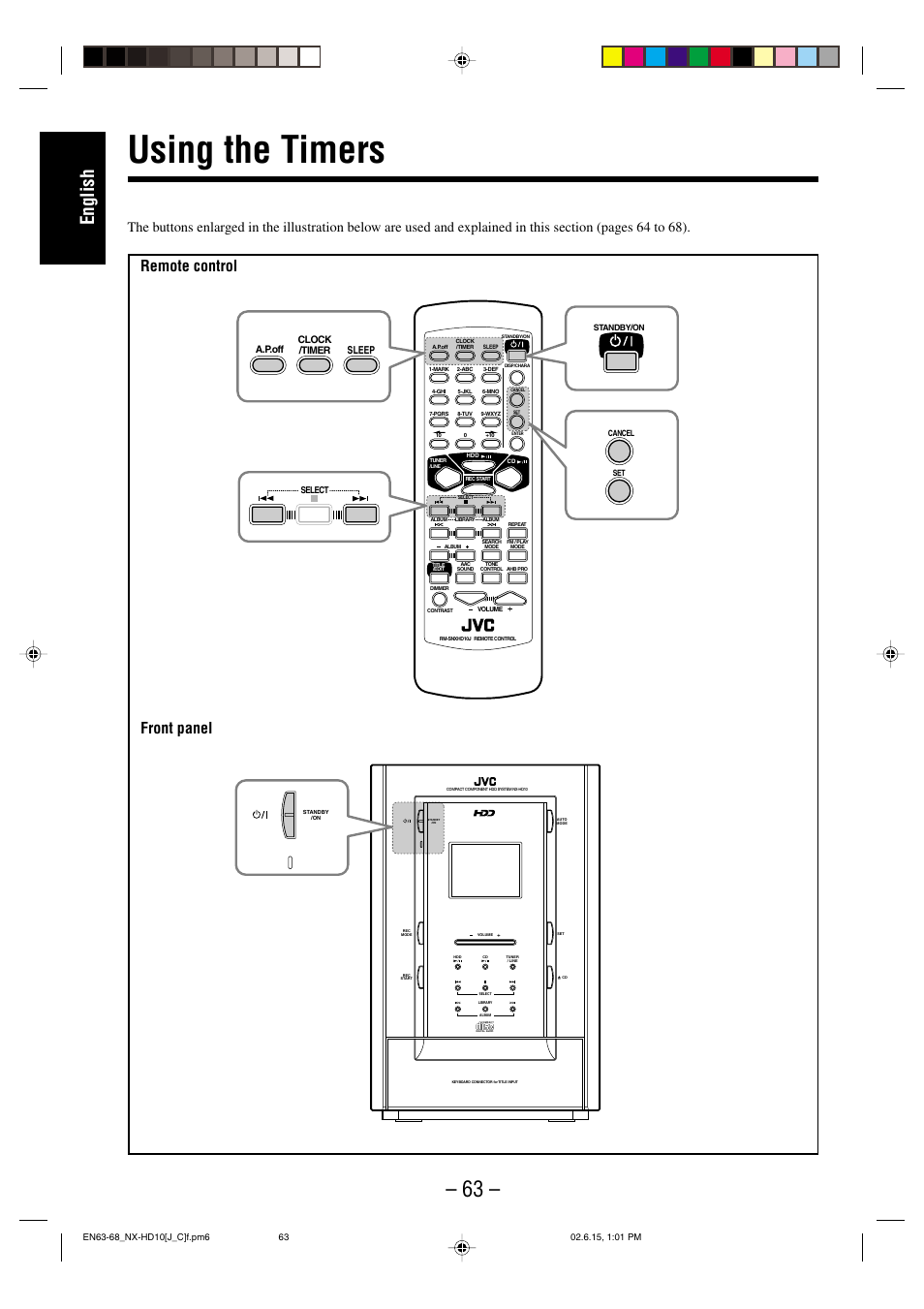 Using the timers, English, Remote control front panel | A.p.off clock /timer sleep | JVC NX-HD10 User Manual | Page 66 / 84