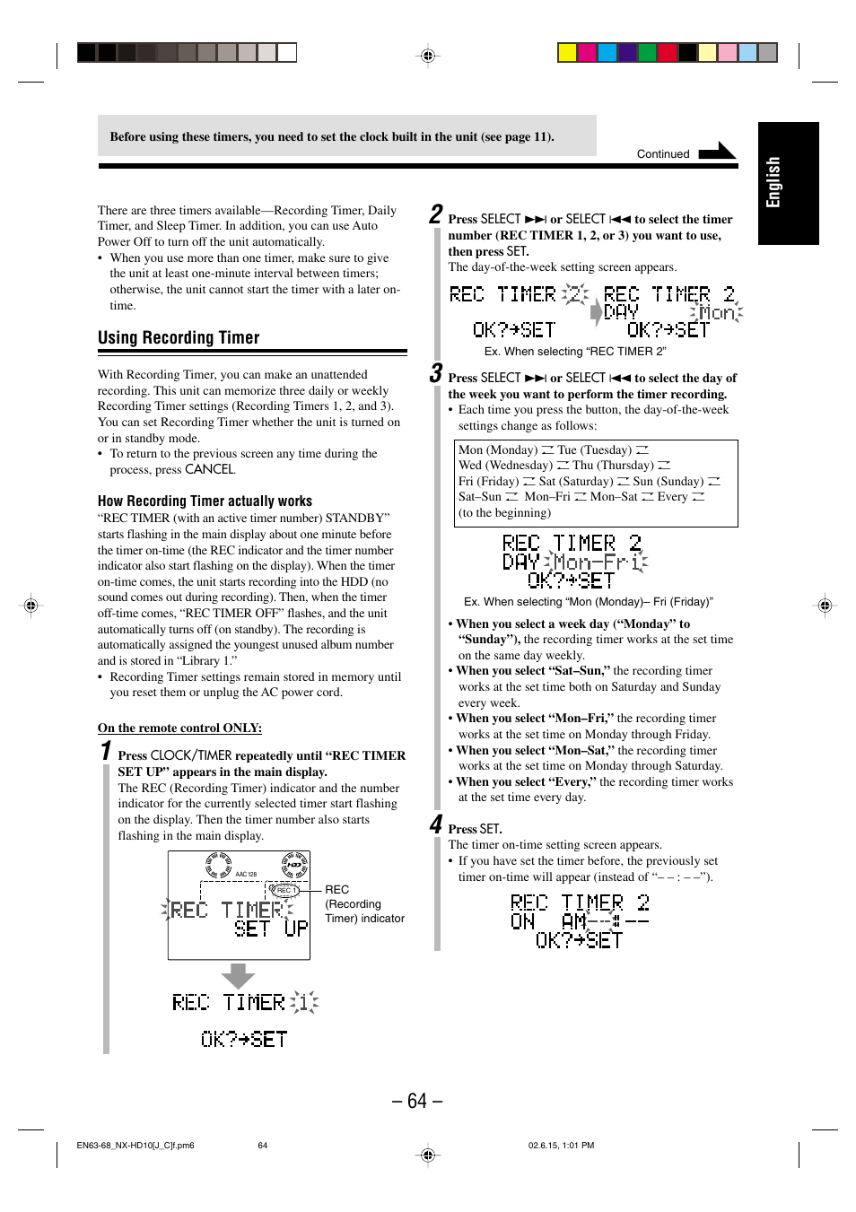 English, Using recording timer | JVC NX-HD10 User Manual | Page 67 / 84