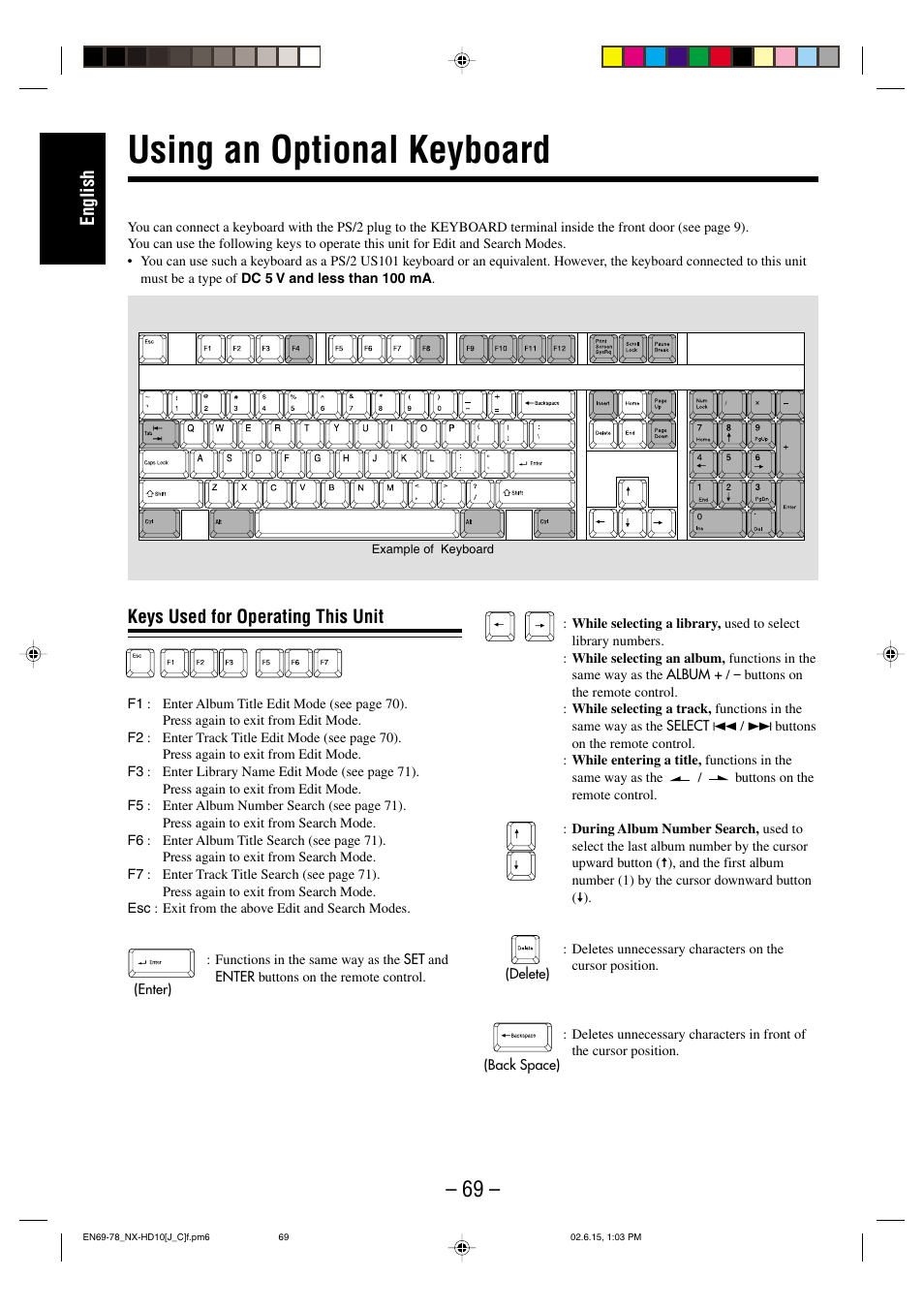 Using an optional keyboard, English, Keys used for operating this unit | JVC NX-HD10 User Manual | Page 72 / 84