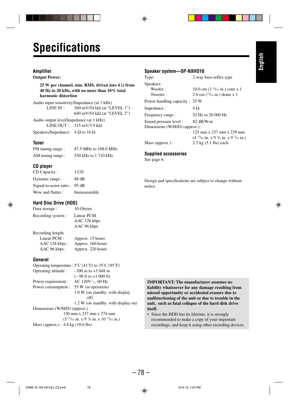 Specifications, English | JVC NX-HD10 User Manual | Page 81 / 84