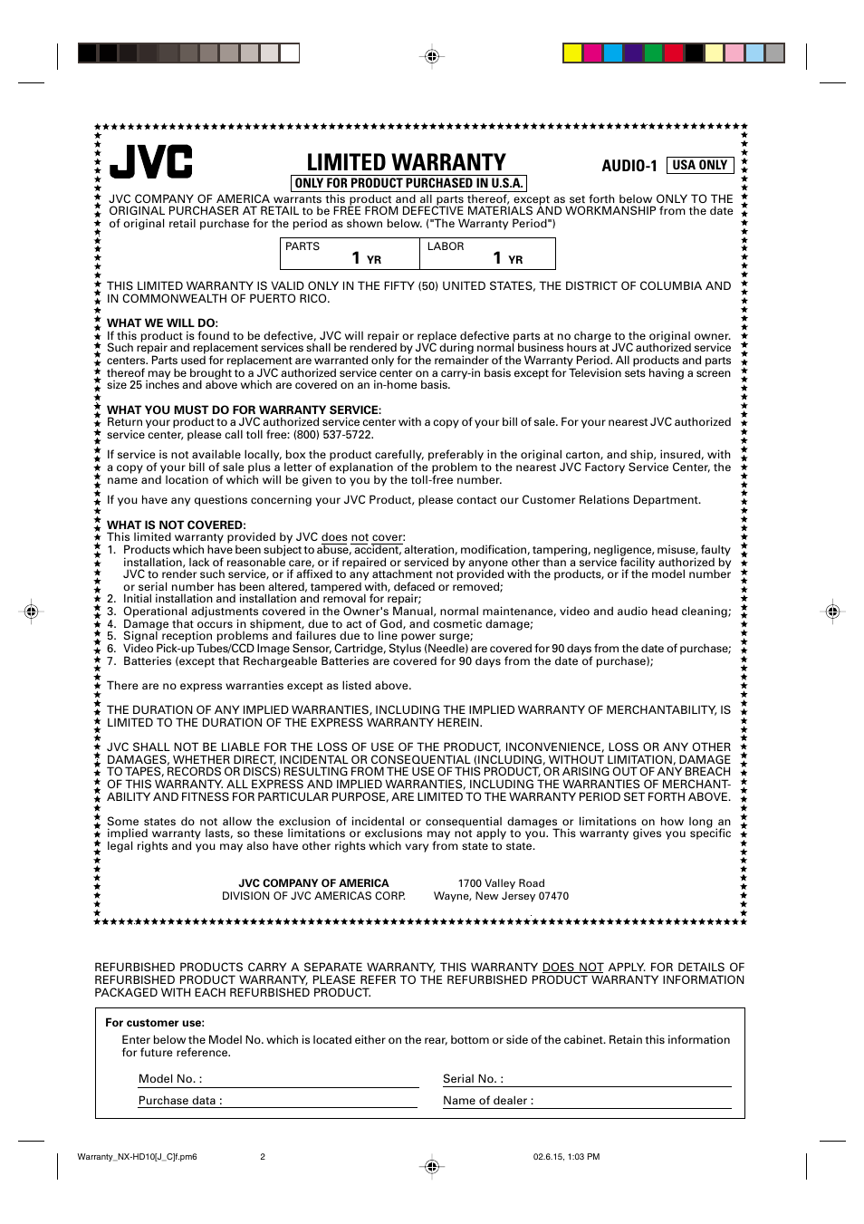 Limited warranty, Audio-1 | JVC NX-HD10 User Manual | Page 83 / 84