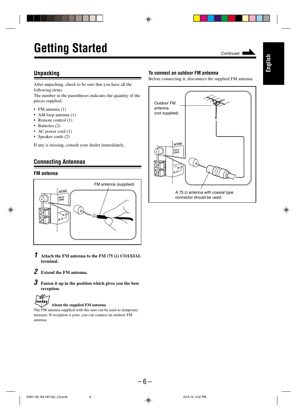 Getting started, English, Unpacking | Connecting antennas | JVC NX-HD10 User Manual | Page 9 / 84