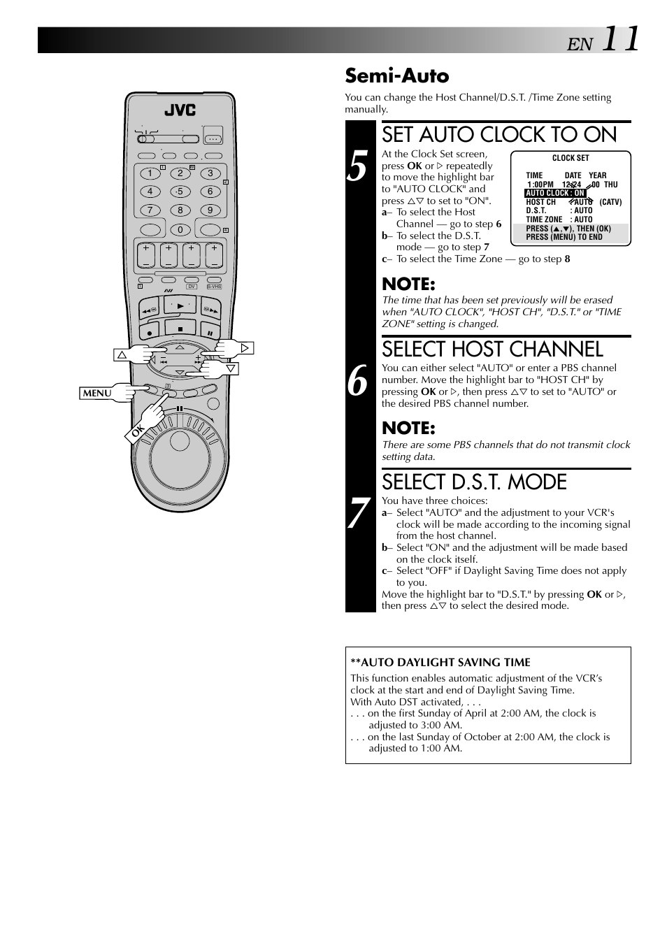 Set auto clock to on, Select host channel, Select d.s.t. mode | Semi-auto | JVC SR-VS20U User Manual | Page 11 / 76