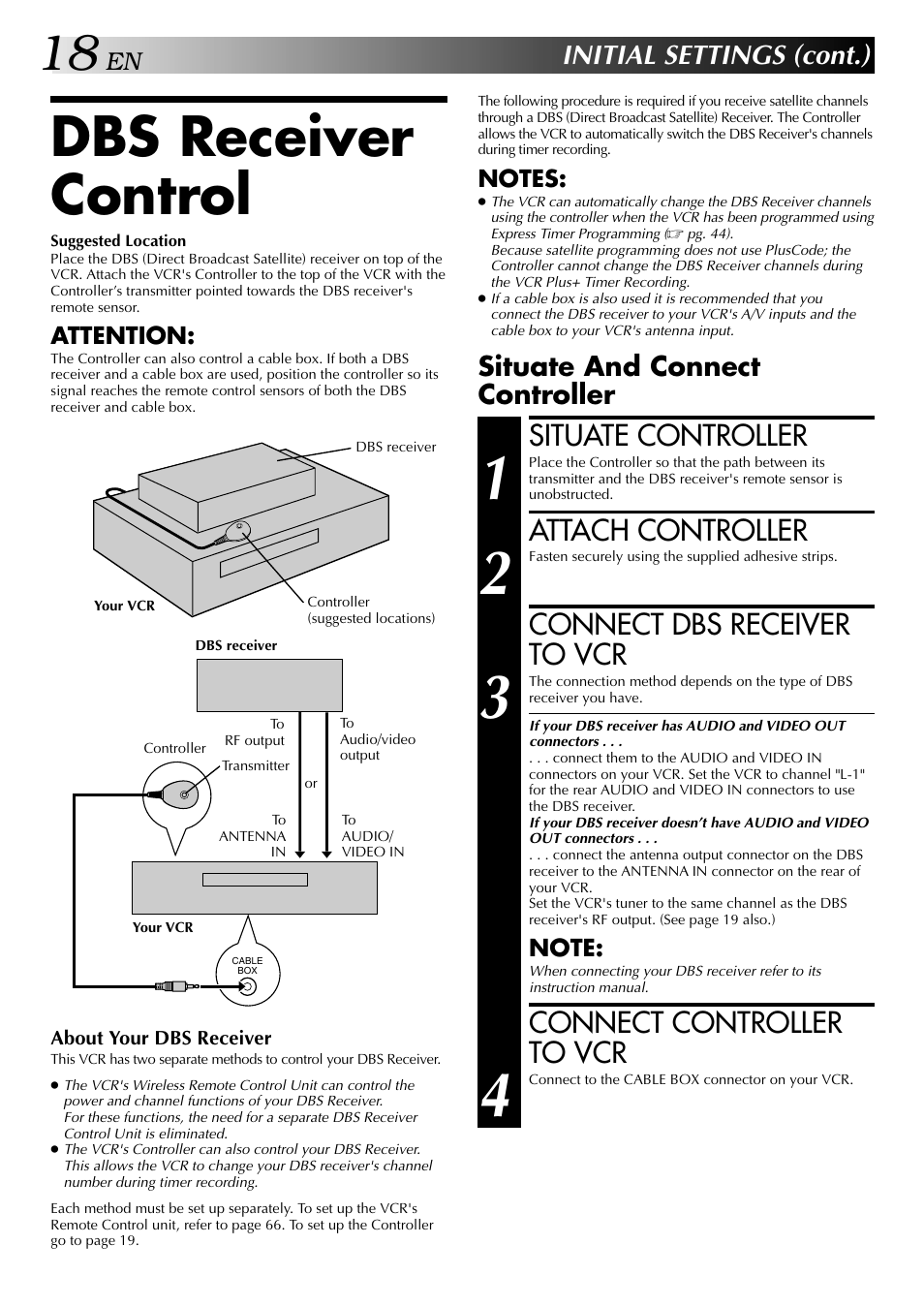 Dbs receiver control, Situate controller, Attach controller | Connect dbs receiver to vcr, Connect controller to vcr, Initial settings (cont.), Situate and connect controller | JVC SR-VS20U User Manual | Page 18 / 76