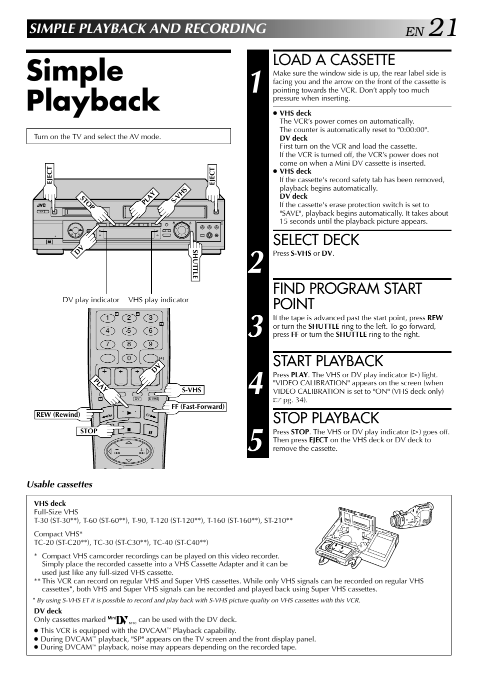 Simple playback and recording, Simple playback, Load a cassette | Select deck, Find program start point, Start playback, Stop playback | JVC SR-VS20U User Manual | Page 21 / 76