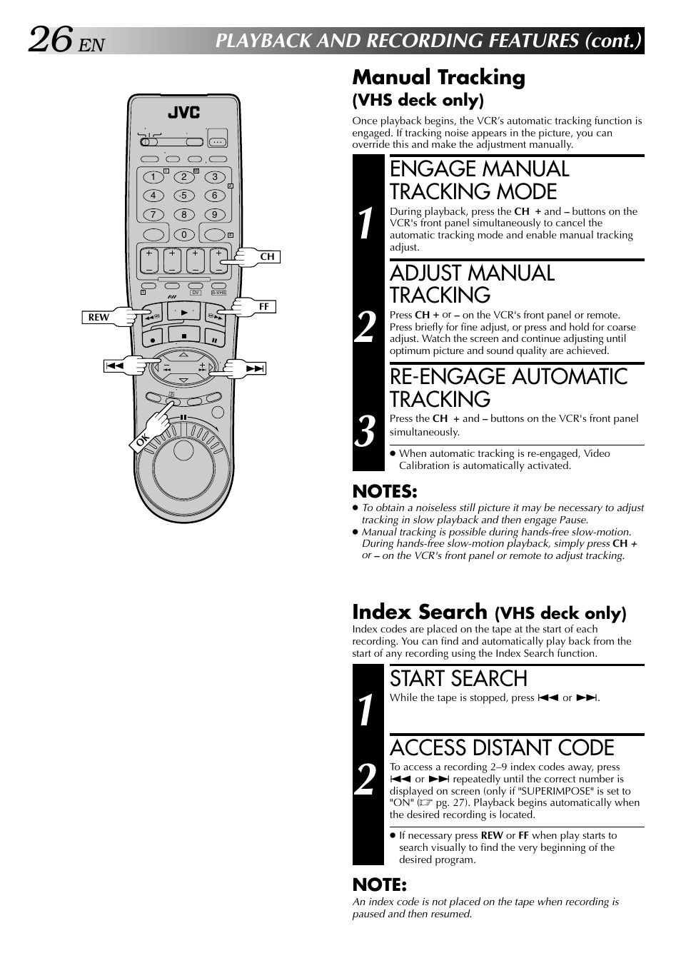 Start search, Access distant code, Engage manual tracking mode | Adjust manual tracking, Re-engage automatic tracking, Playback and recording features (cont.), Index search, Manual tracking | JVC SR-VS20U User Manual | Page 26 / 76