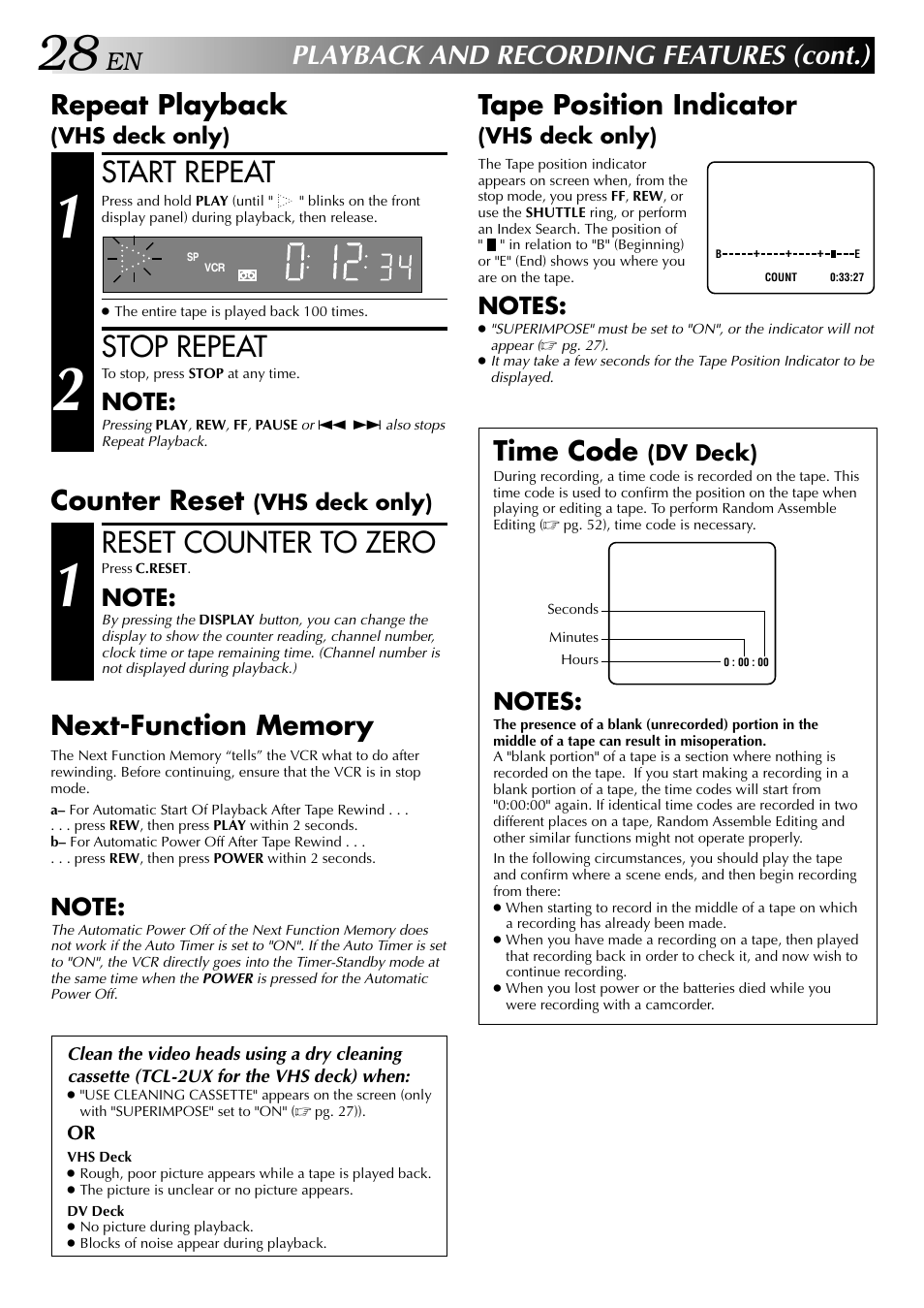 Start repeat, Stop repeat, Reset counter to zero | Playback and recording features (cont.), Repeat playback, Tape position indicator, Counter reset, Time code | JVC SR-VS20U User Manual | Page 28 / 76