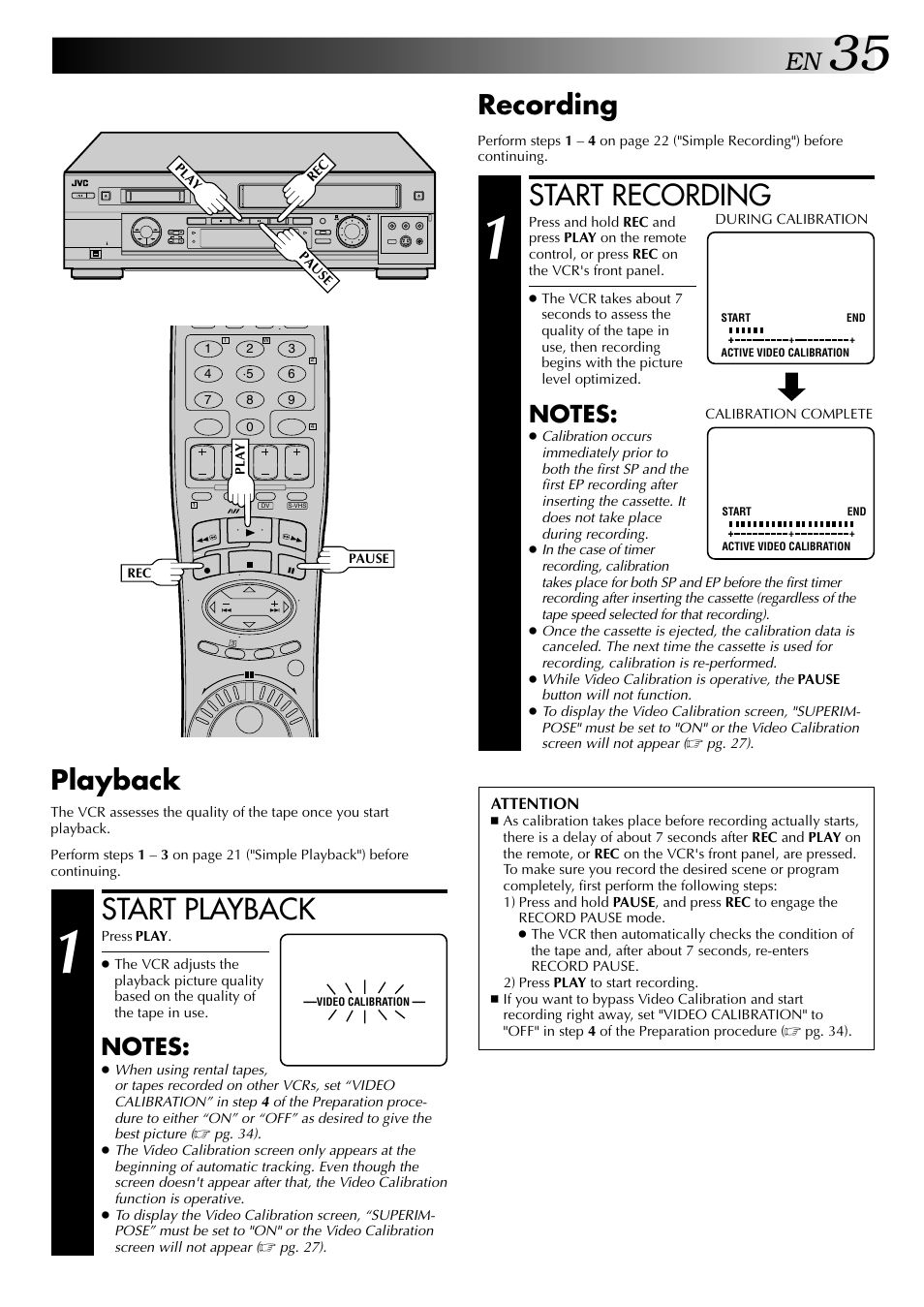 Start playback, Start recording, Recording | Playback | JVC SR-VS20U User Manual | Page 35 / 76