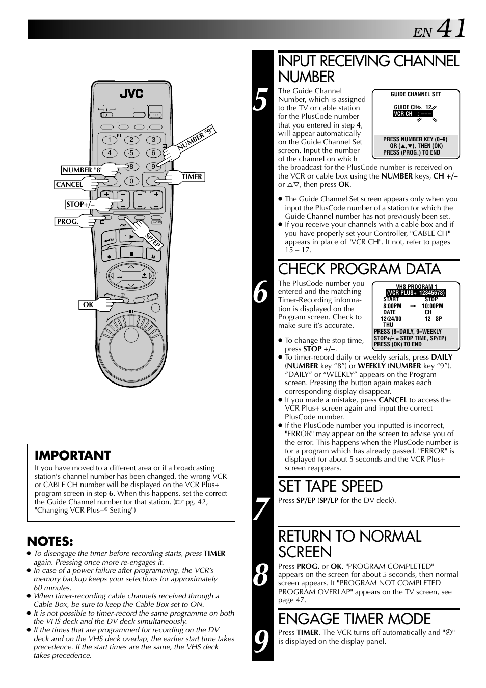 Input receiving channel number, Check program data, Set tape speed | Return to normal screen, Engage timer mode, Important | JVC SR-VS20U User Manual | Page 41 / 76