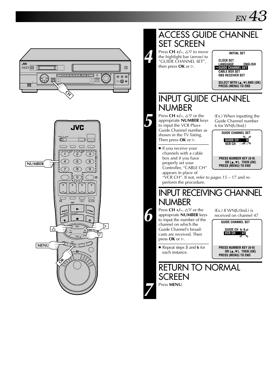 Access guide channel set screen, Input guide channel number, Input receiving channel number | Return to normal screen | JVC SR-VS20U User Manual | Page 43 / 76