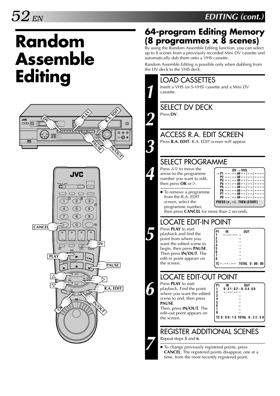 Random assemble editing, Editing (cont.), Load cassettes | Select dv deck, Access r.a. edit screen, Select programme, Locate edit-in point, Locate edit-out point, Register additional scenes | JVC SR-VS20U User Manual | Page 52 / 76