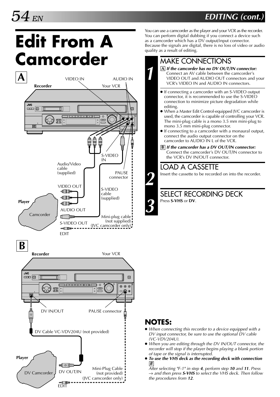 Edit from a camcorder, Editing (cont.), Make connections | Load a cassette, Select recording deck | JVC SR-VS20U User Manual | Page 54 / 76