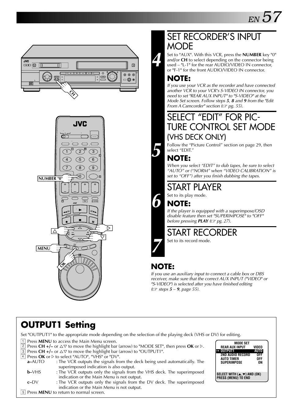 Set recorder’s input mode, Select “edit” for pic- ture control set mode, Start player | Start recorder, Output1 setting, Vhs deck only) | JVC SR-VS20U User Manual | Page 57 / 76