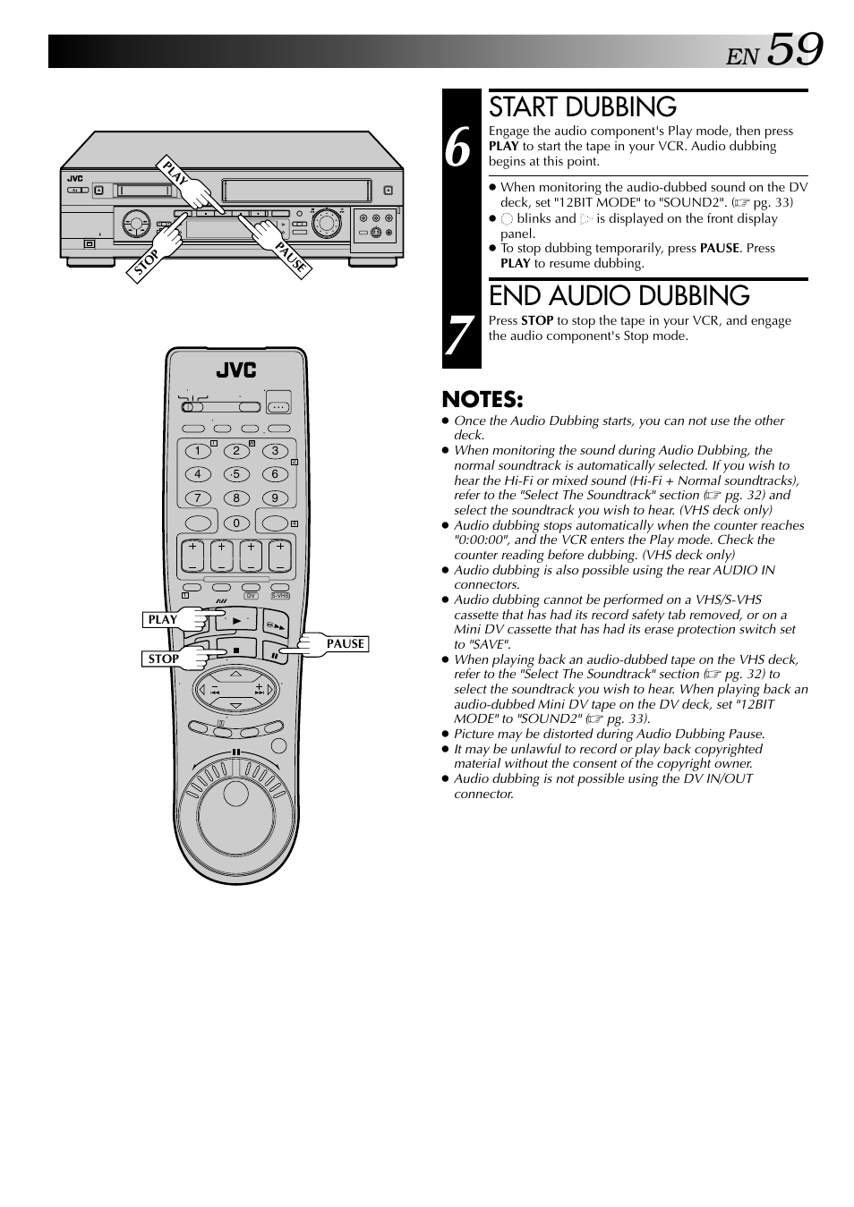 Start dubbing, End audio dubbing | JVC SR-VS20U User Manual | Page 59 / 76