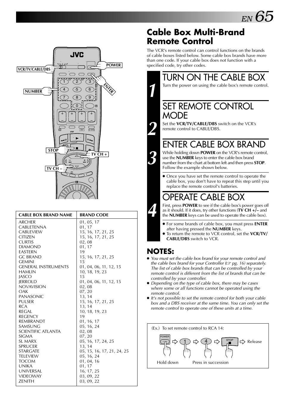 Turn on the cable box, Set remote control mode, Enter cable box brand | Operate cable box, Cable box multi-brand remote control | JVC SR-VS20U User Manual | Page 65 / 76