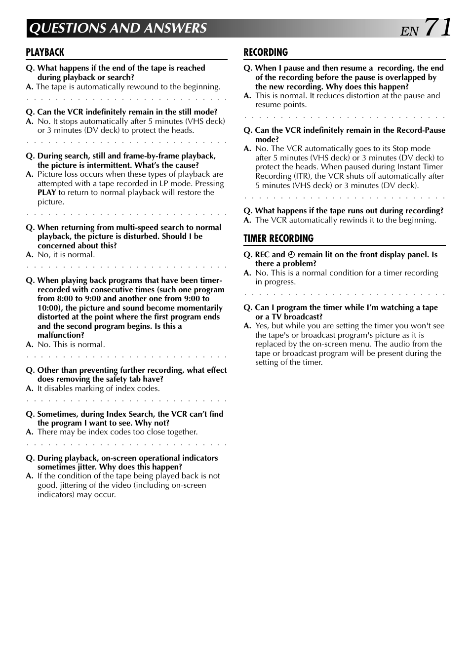 Questions and answers, Playback, Recording | Timer recording | JVC SR-VS20U User Manual | Page 71 / 76