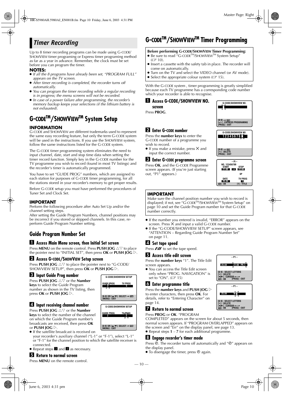 Timer recording, System setup, Timer programming | Code, Guide program number set a | JVC G-CODE HR-S5980AJ User Manual | Page 10 / 28
