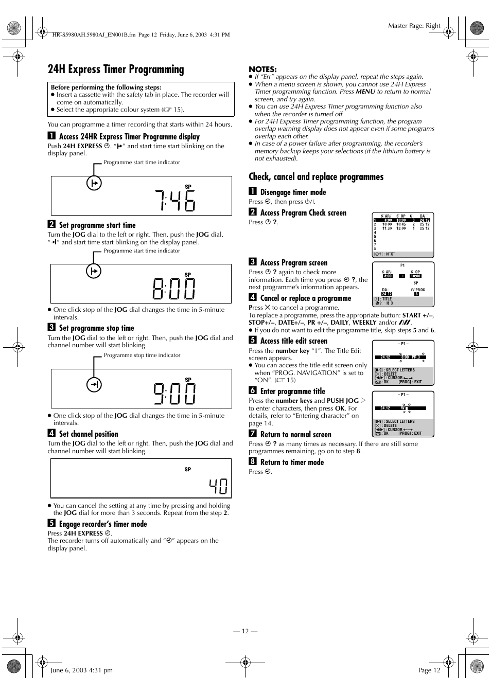 24h express timer programming, Check, cancel and replace programmes a | JVC G-CODE HR-S5980AJ User Manual | Page 12 / 28