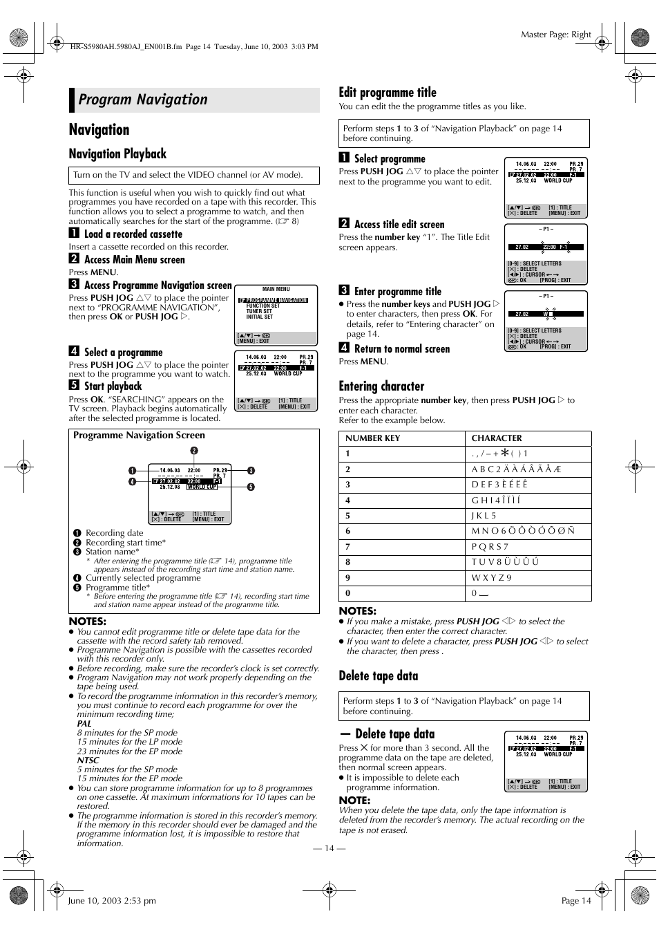 Program navigation, Navigation, Navigation playback | Edit programme title, Entering character, Delete tape data — delete tape data | JVC G-CODE HR-S5980AJ User Manual | Page 14 / 28
