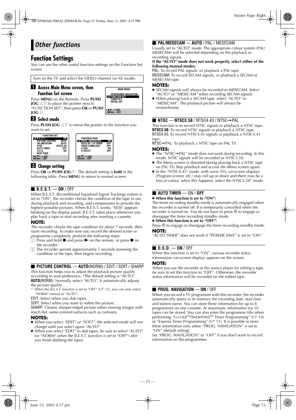Other functions, Function settings, Access main menu screen, then function set screen | Select mode, Change setting | JVC G-CODE HR-S5980AJ User Manual | Page 15 / 28
