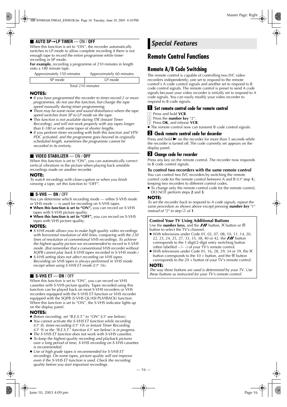 Special features, Remote control functions, Remote a/b code switching | JVC G-CODE HR-S5980AJ User Manual | Page 16 / 28