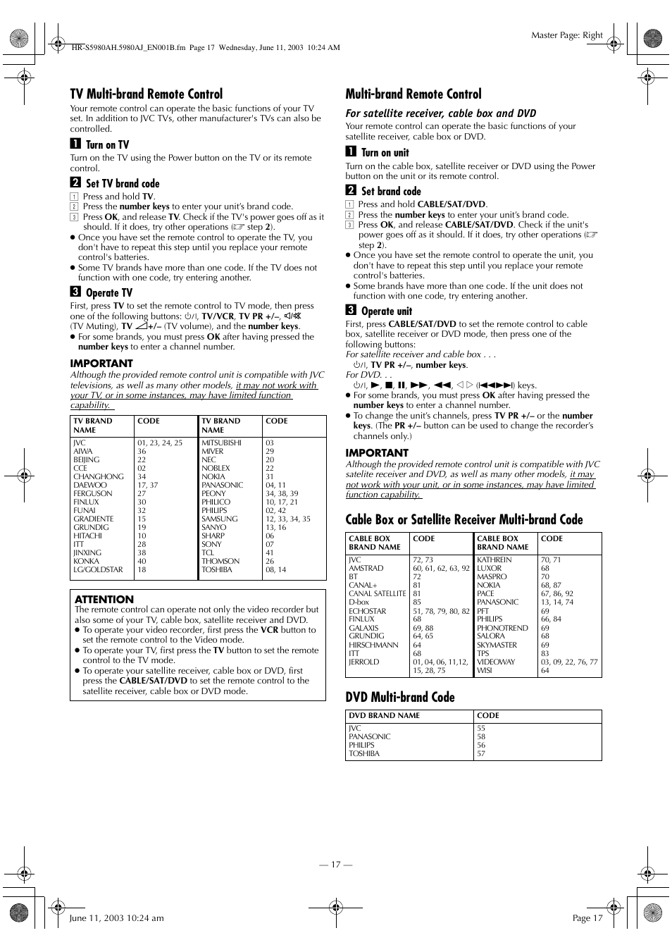 Tv multi-brand remote control, Multi-brand remote control | JVC G-CODE HR-S5980AJ User Manual | Page 17 / 28