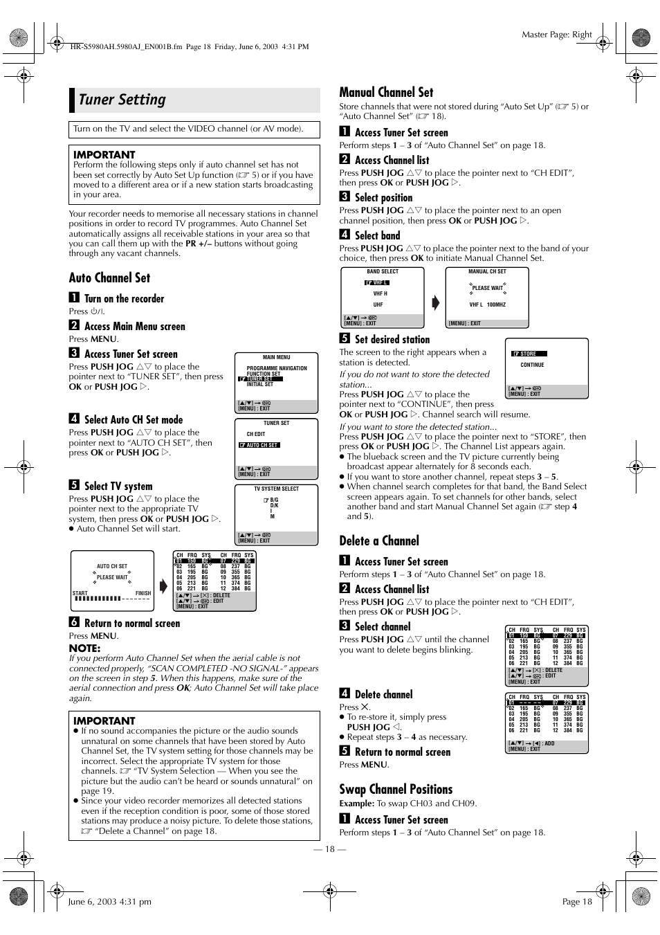 Tuner setting, Auto channel set a, Manual channel set | Delete a channel a, Swap channel positions, Turn on the recorder, Access main menu screen, Access tuner set screen, Select auto ch set mode, Select tv system | JVC G-CODE HR-S5980AJ User Manual | Page 18 / 28