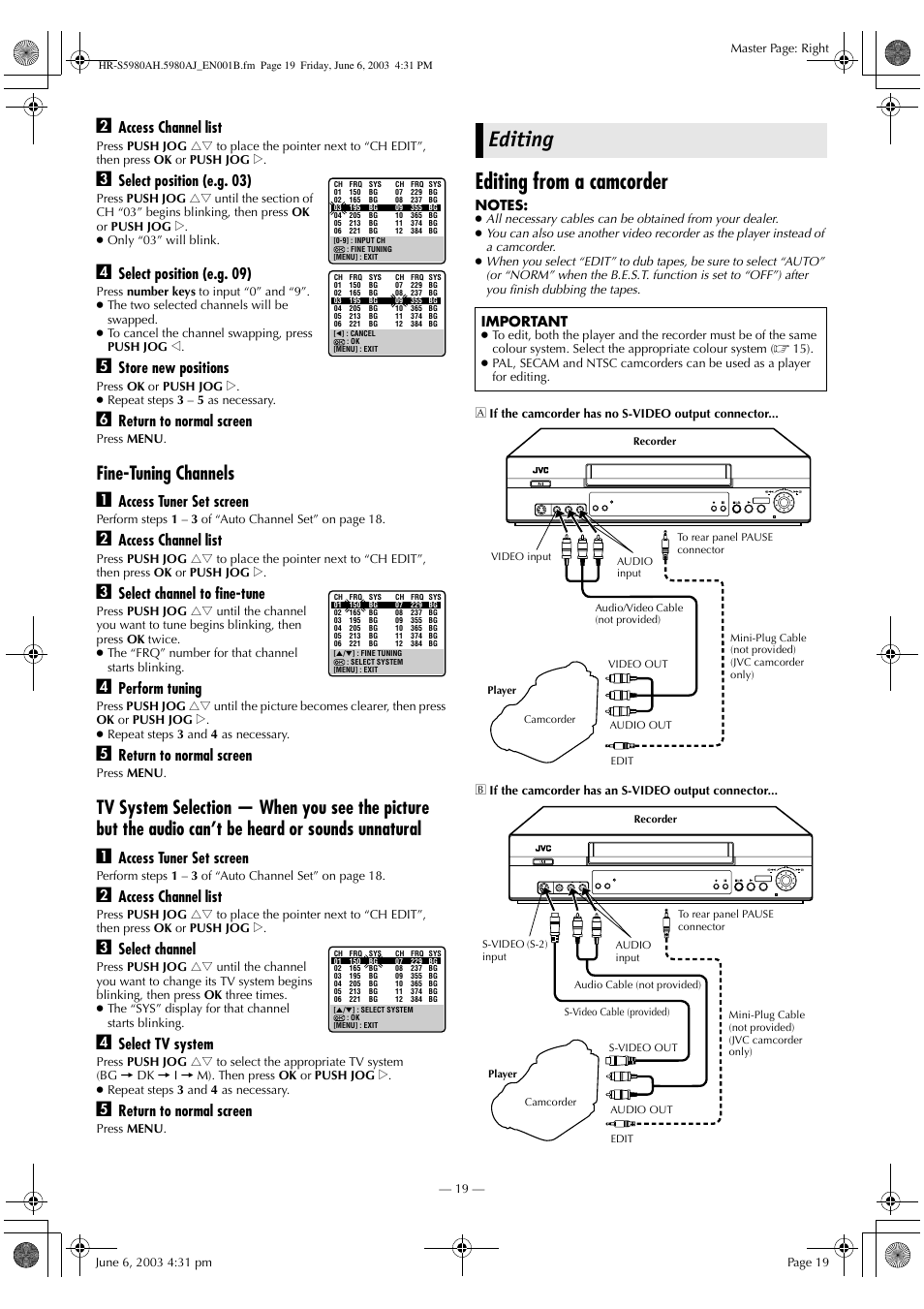 Editing, Editing from a camcorder, Fine-tuning channels a | Access channel list, Select position (e.g. 03), Select position (e.g. 09), Store new positions, Return to normal screen, Access tuner set screen, Select channel to fine-tune | JVC G-CODE HR-S5980AJ User Manual | Page 19 / 28