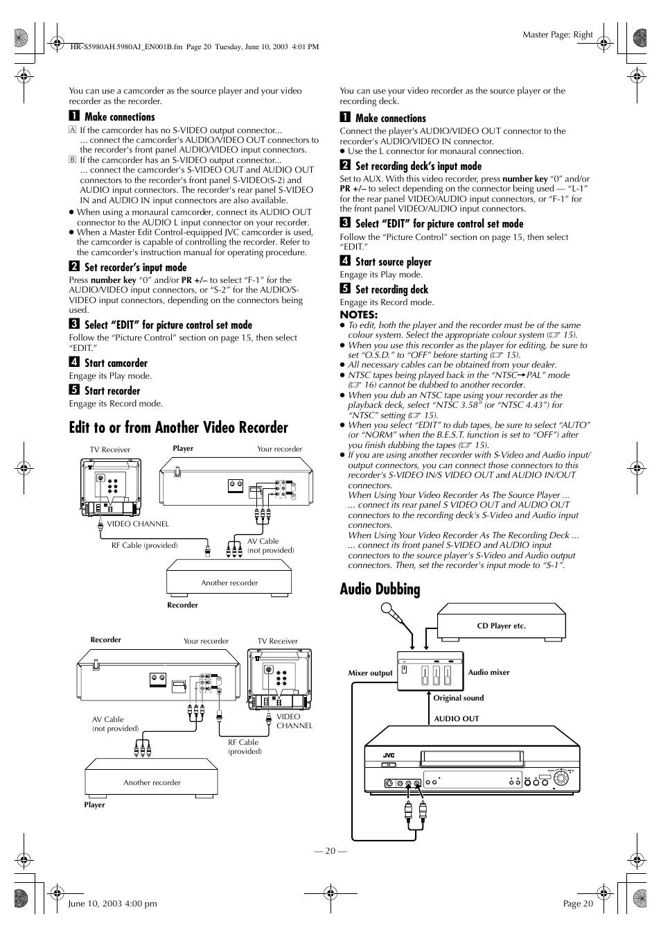 Edit to or from another video recorder, Audio dubbing | JVC G-CODE HR-S5980AJ User Manual | Page 20 / 28