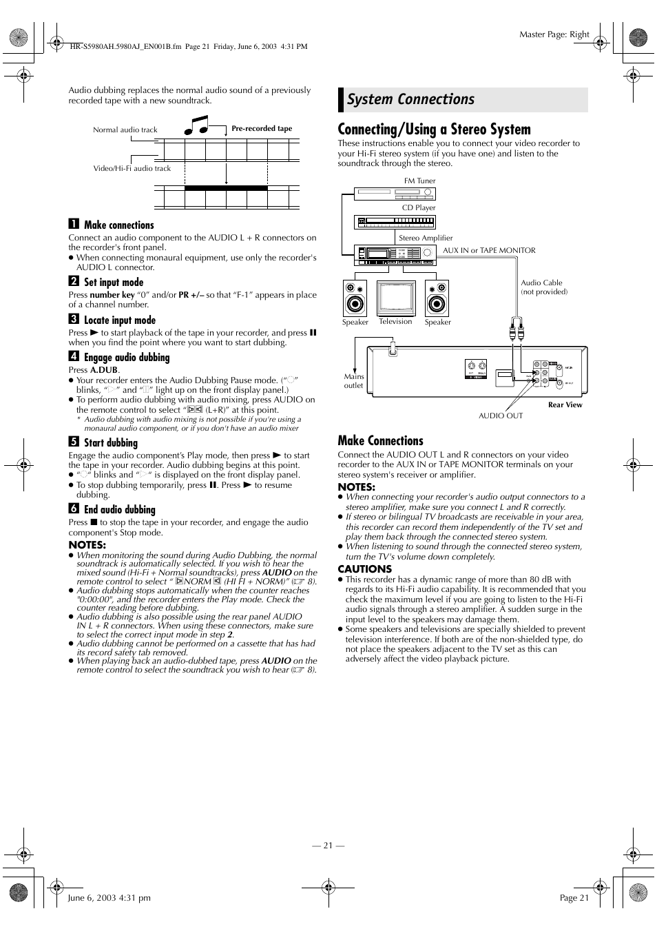 System connections, Connecting/using a stereo system, Make connections | JVC G-CODE HR-S5980AJ User Manual | Page 21 / 28