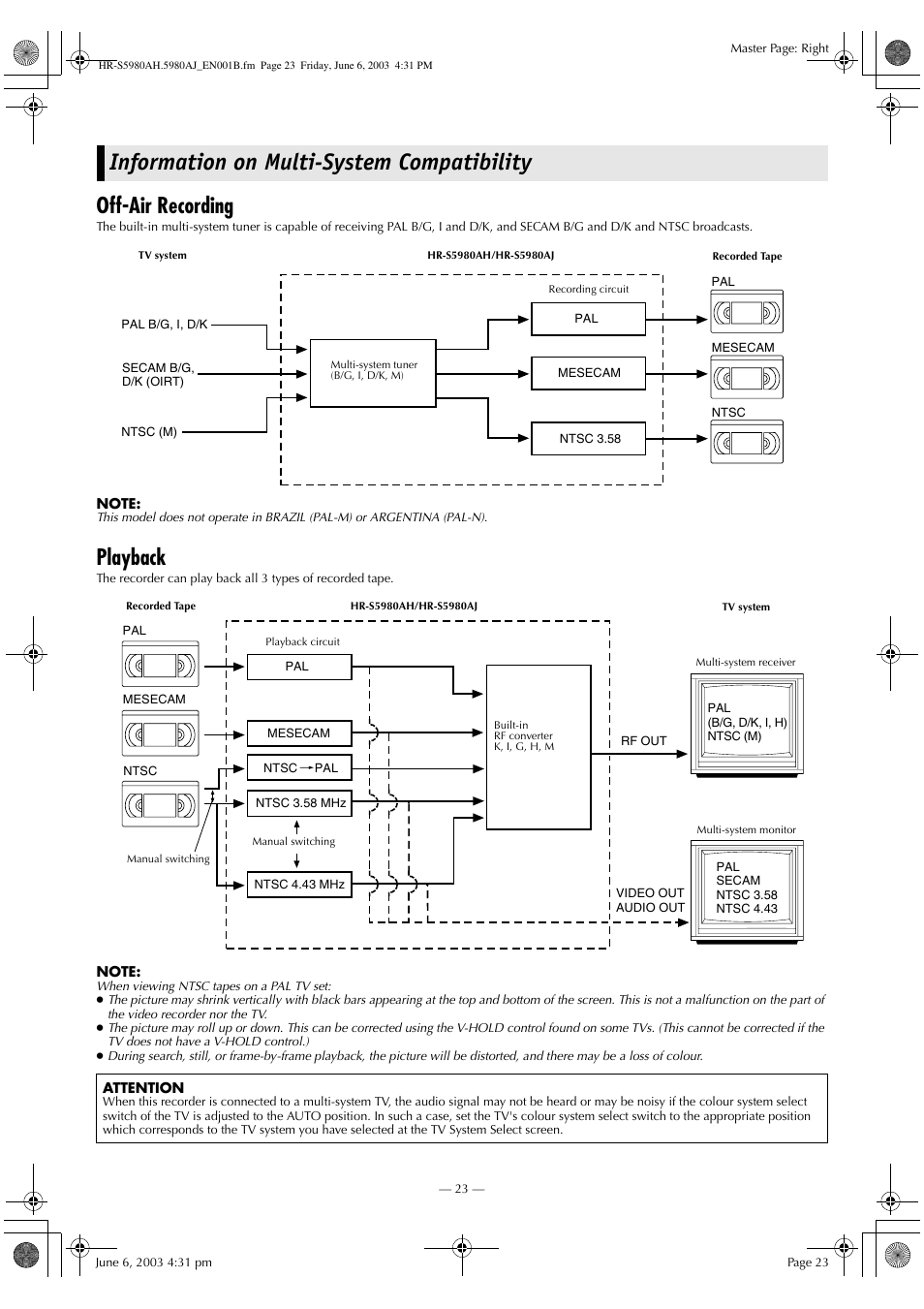 Information on multi-system compatibility, Off-air recording, Playback | JVC G-CODE HR-S5980AJ User Manual | Page 23 / 28