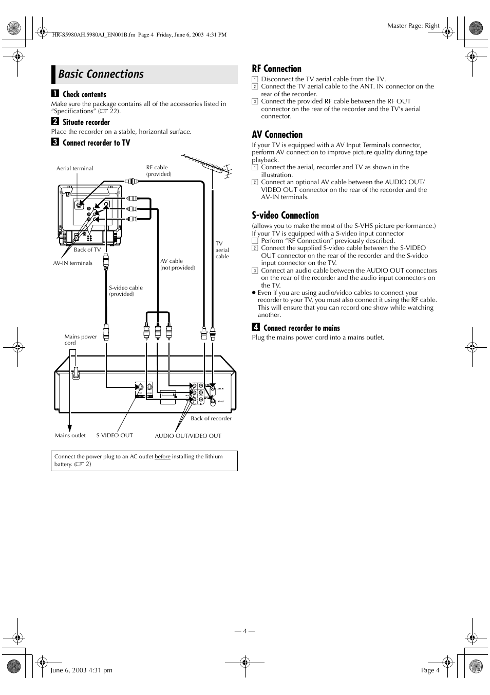Basic connections, Rf connection, Av connection | S-video connection | JVC G-CODE HR-S5980AJ User Manual | Page 4 / 28