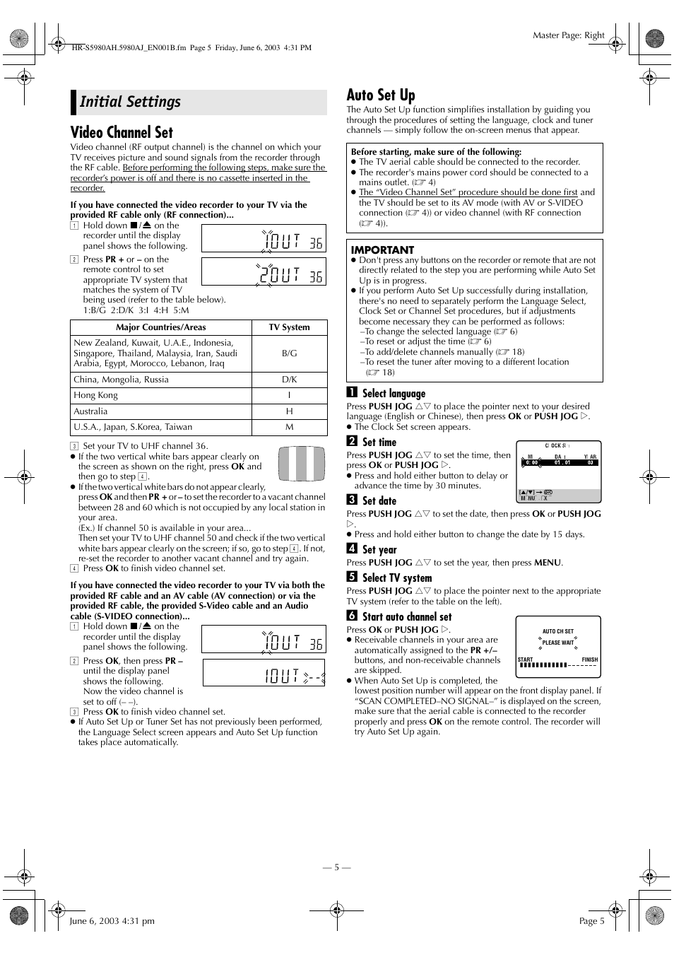 Initial settings, Video channel set, Auto set up | JVC G-CODE HR-S5980AJ User Manual | Page 5 / 28