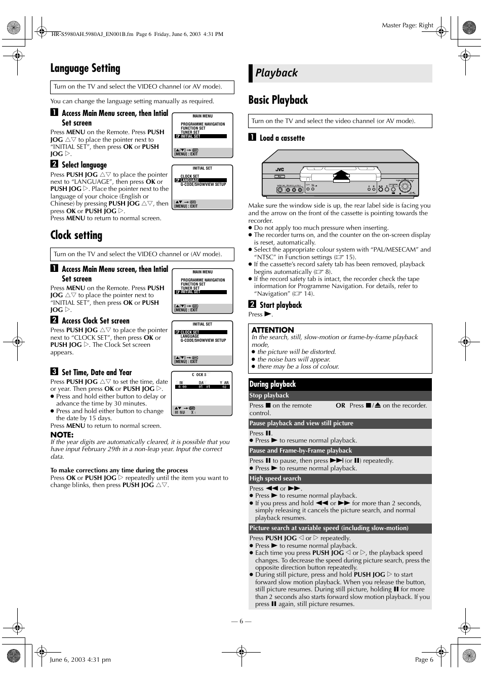 Playback, Language setting, Clock setting | Basic playback | JVC G-CODE HR-S5980AJ User Manual | Page 6 / 28