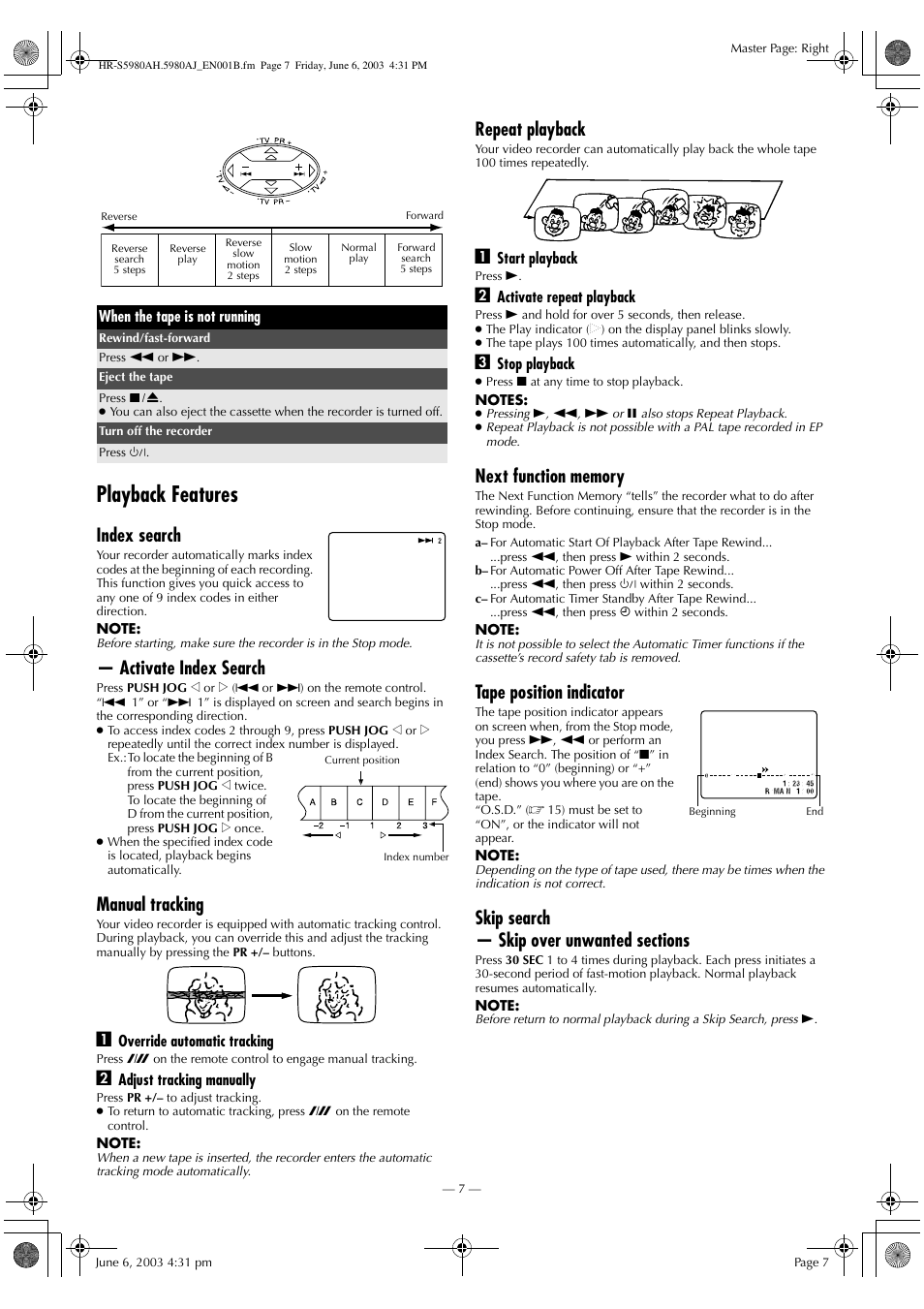 Playback features, Index search, Activate index search | Manual tracking, Repeat playback, Tape position indicator | JVC G-CODE HR-S5980AJ User Manual | Page 7 / 28