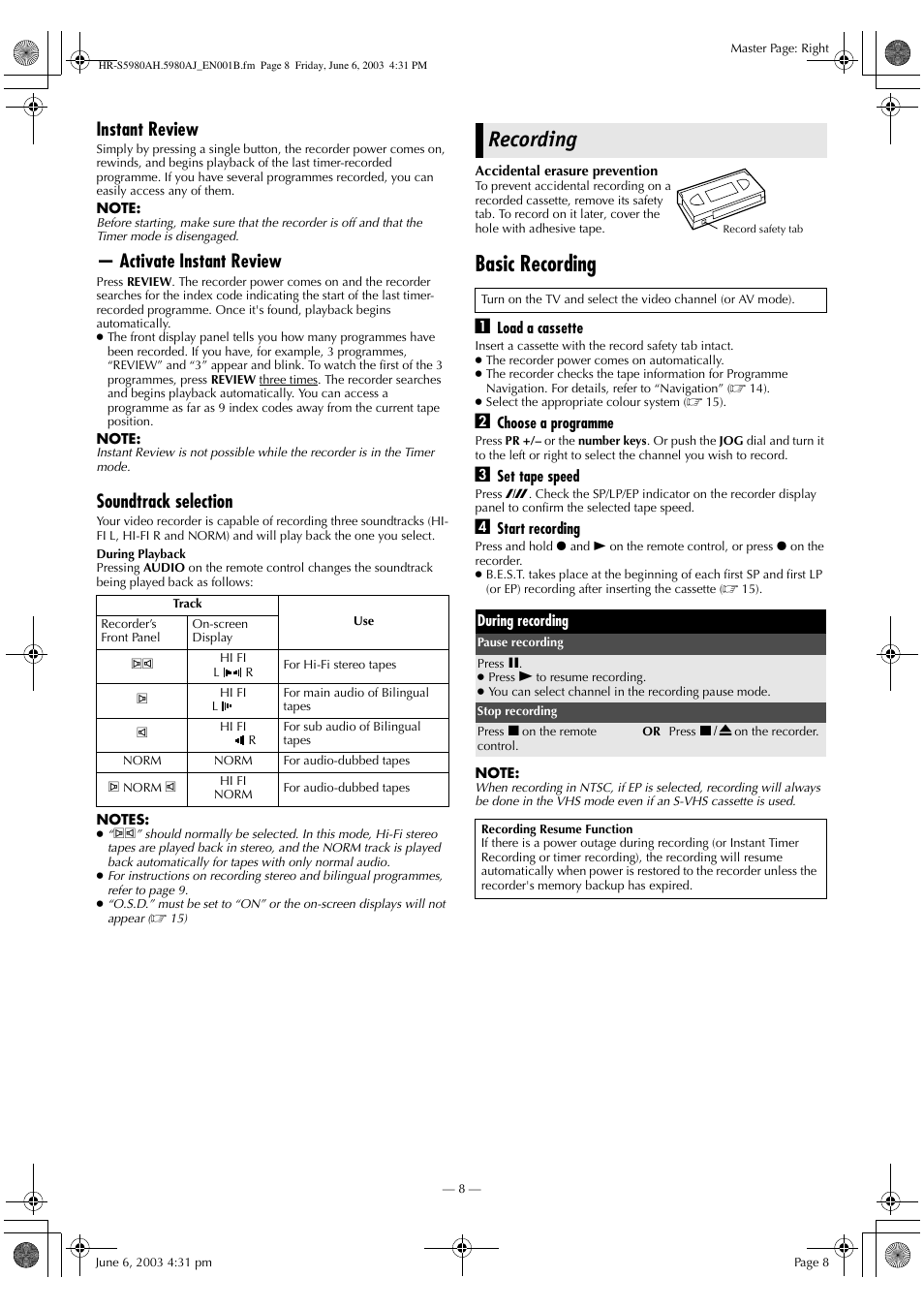 Recording, Basic recording, Instant review | Activate instant review, Soundtrack selection | JVC G-CODE HR-S5980AJ User Manual | Page 8 / 28