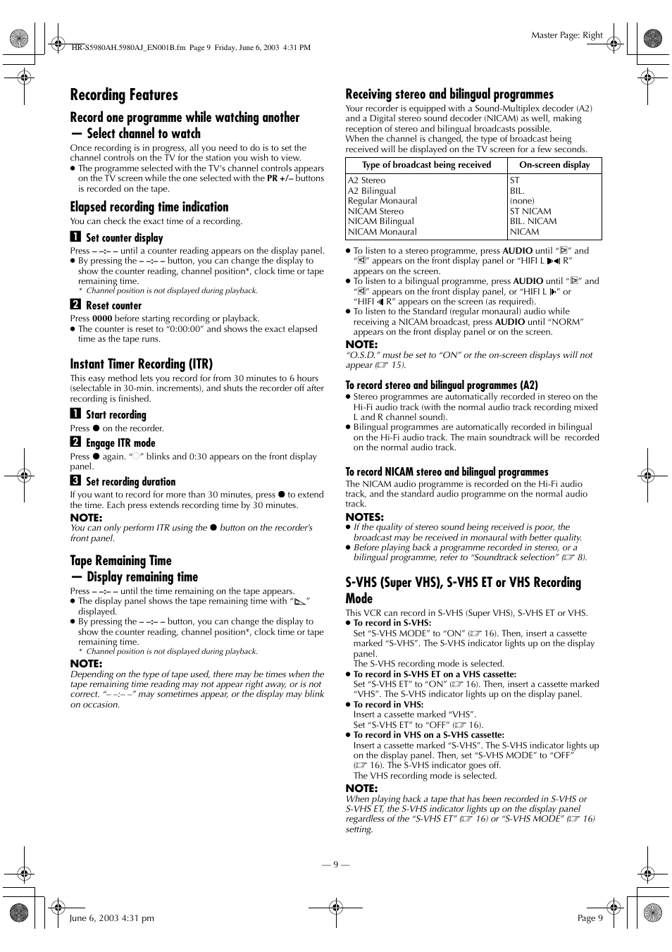 Recording features, Elapsed recording time indication, Instant timer recording (itr) | Tape remaining time — display remaining time, Receiving stereo and bilingual programmes, S-vhs (super vhs), s-vhs et or vhs recording mode | JVC G-CODE HR-S5980AJ User Manual | Page 9 / 28