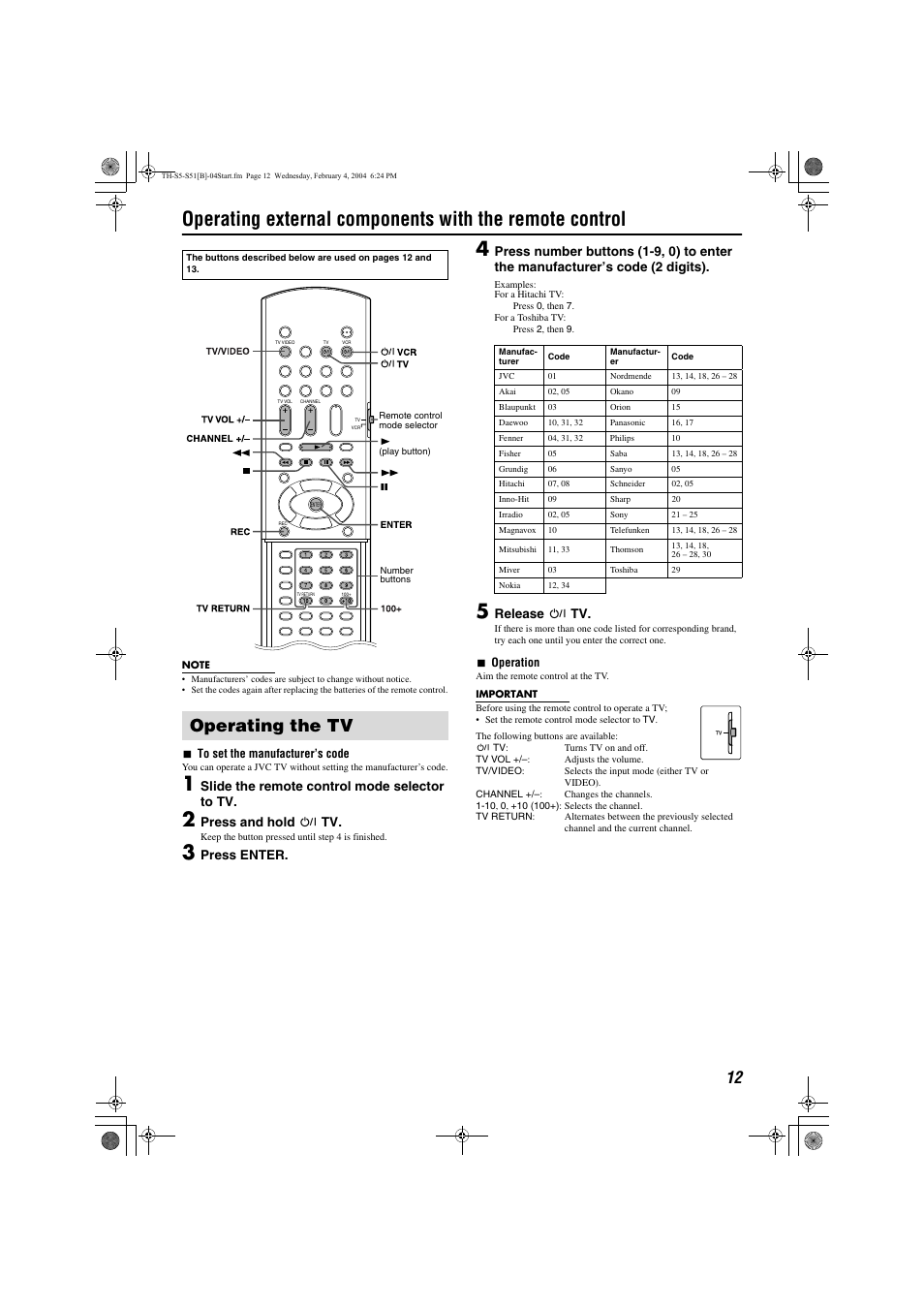 Selecting the source to play, Adjusting the volume [volume, Listening with headphones (not supplied) | Audio, Operating the tv | JVC SP-THS5C User Manual | Page 15 / 48