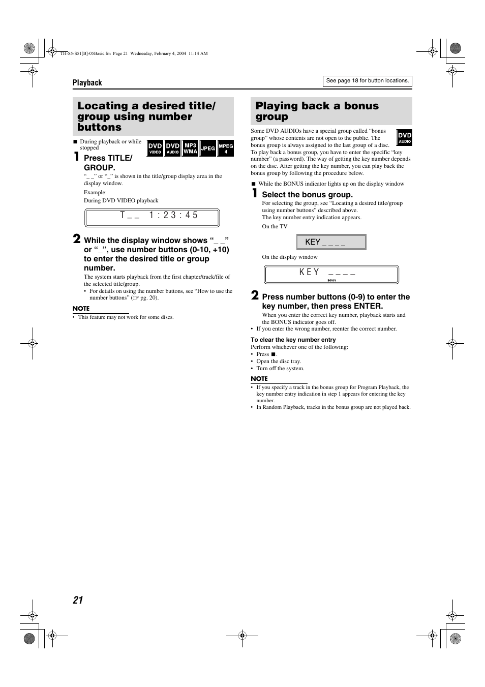 Using the file control display, Resume playback, Pg. 21 | Playing back a bonus group | JVC SP-THS5C User Manual | Page 24 / 48