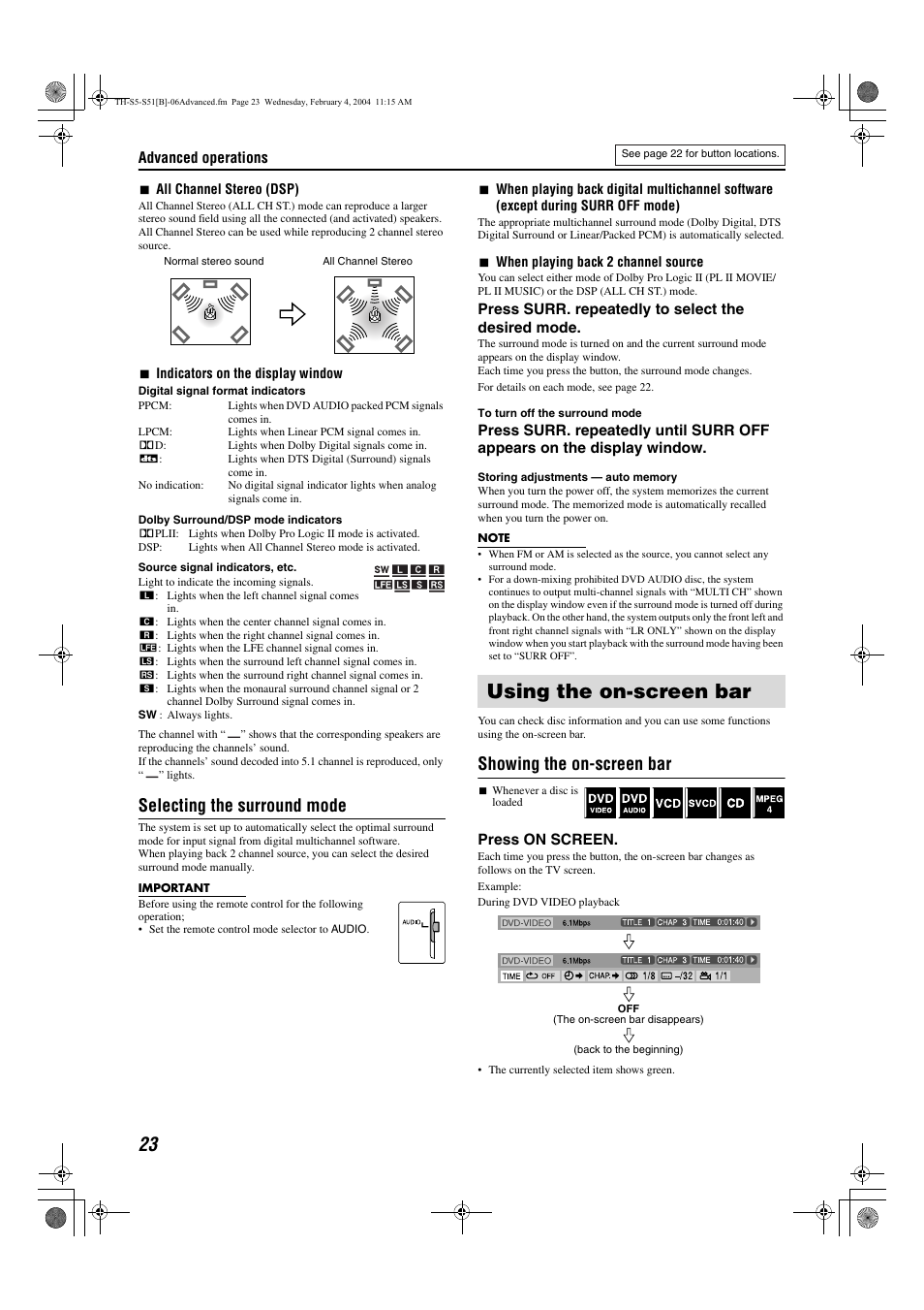 Special picture playback, Pg. 23, Menu | Using the on-screen bar, Selecting the surround mode, Showing the on-screen bar | JVC SP-THS5C User Manual | Page 26 / 48